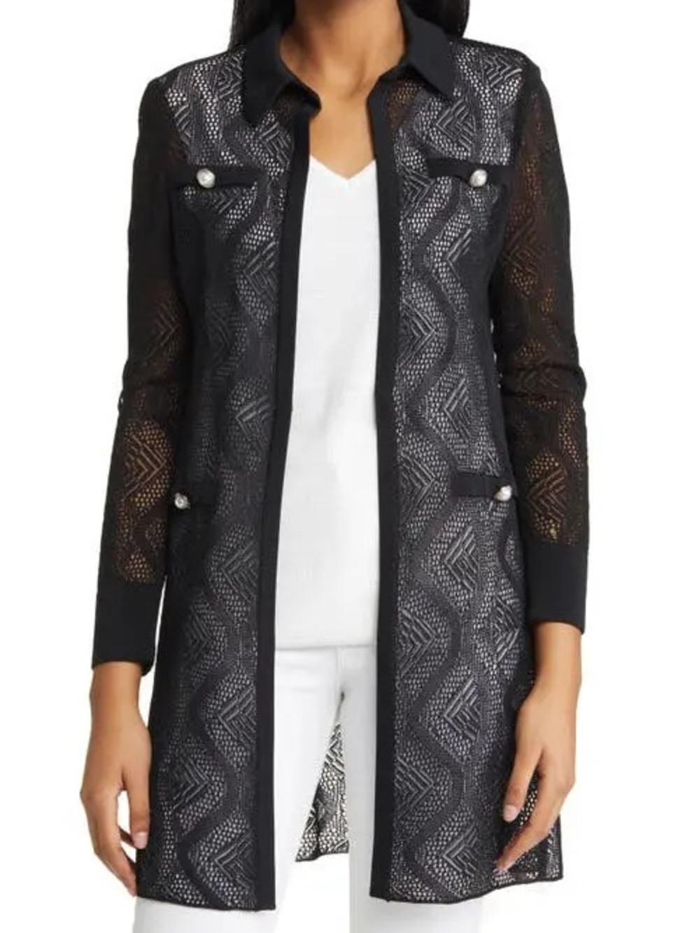 Ming Wang Sheer Lace Jacket Black Open Knit Pearl Button Duster Cardigan Sz XS
